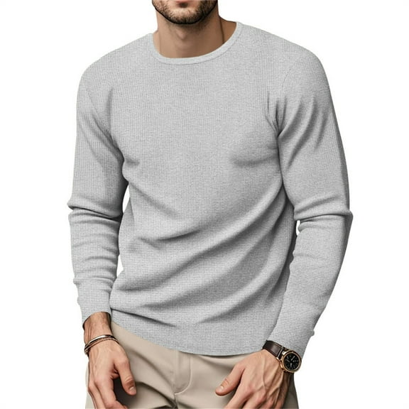 XADYUY Black Thermal Long Sleeve for Men Waffle Warm Pullover Sweater Crew Neck Heavyweight Cotton Undershirt Winter Para Big and Tall Men's Tops,Light Gray L