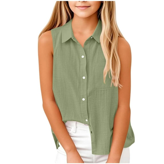 XADYUY Button Down Shirts for Girls Short Sleeve Collared Blouses Summer Cute Linen Tops 9-10 Years Army Green