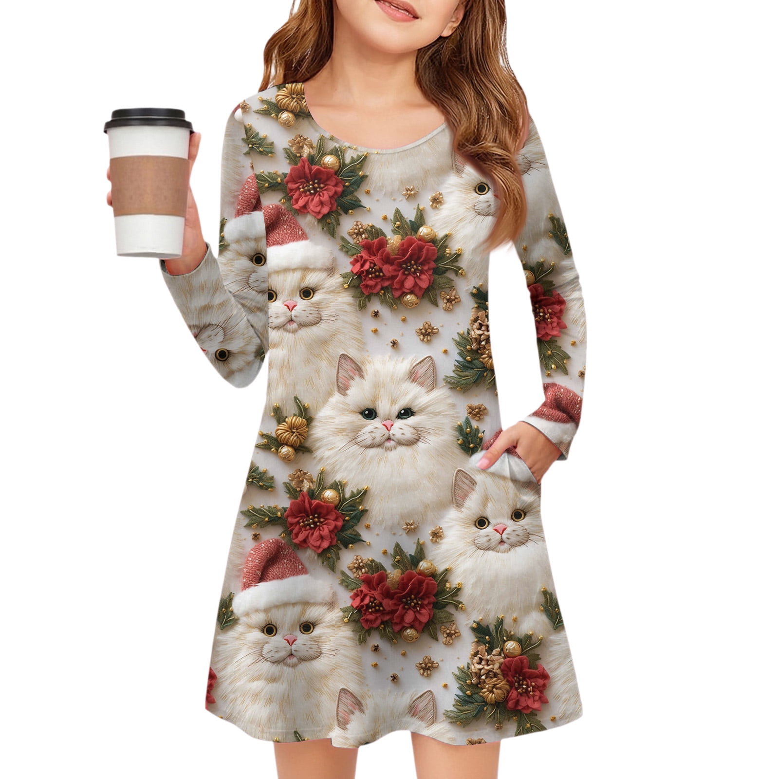 XADYUY Girls Long Sleeve Dresses 7-8 3D Print Santa Claus