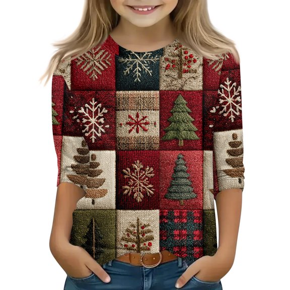 XADYUY Christmas Shirts for Girls Plaid Christmas Tree Tshirts for Girls Crewneck Short Sleeve Shirts for Kids Girls Fall Funny Cute Blouses for Girls,7-8Years