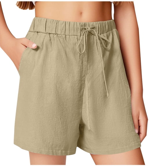 XADYUY Cotton Linen Shorts for Teen Girls 2025 Summer Elastic High Waisted Shorts Casual Kids Wide Leg Short Pants Boho Cute Lightweight Flowy Beach Pants with Pockets,Earthy Yellow 11-12 Years