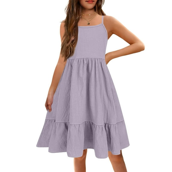 XADYUY Cute Dresses for Girls 10-12 Casual A-Line Spaghetti Strap Midi Dress Cute Flare Solid Color Swing Teens Summer Dress,12-13 Years Light Purple