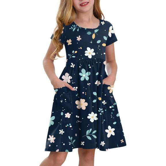 XADYUY Daisy Floral Dresses for Girls 10-12 Twirly A-Line Short Sleeve T-Shirt Dresses Cute Flare Crew Neck Swing Sundresses with Pockets for 4-14t Kids,Blue 10-11 Years