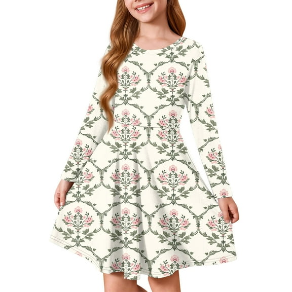XADYUY Fall Dresses for Girls 10-12 Casual A-Line Long Sleeve Tshirt Dresses Vintage Floral Print Crew Neck Dresses Loose Twirly Skater Dresses 9-10 Years,Beige