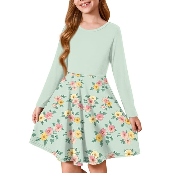 XADYUY Fall Dresses for Girls Casual A-Line Long Sleeve Girls Midi Dresses Floral Print Crew Neck Dresses Twirly Flowy Dresses 9-10 Years,Light Green
