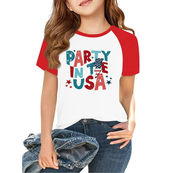 XADYUY Funny Shirts for Toddler Girls Raglan Sleeve Patriotic Tee Tops 4th Of July Tees Crewneck PARTY IN THE USA Graphic Tops Independent Day T-Shirt 6-7 Years,Light Blue