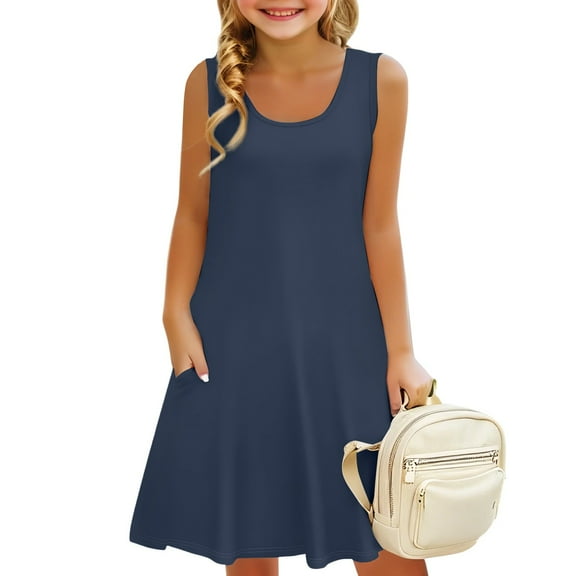 XADYUY Girl's Summer Casual Dress Casual A-Line Sleeveless Midi Dress Cute Pleated Crew Neck Swing Sundresses with Pockets for 4-14t Kids,Navy 8-10 Years