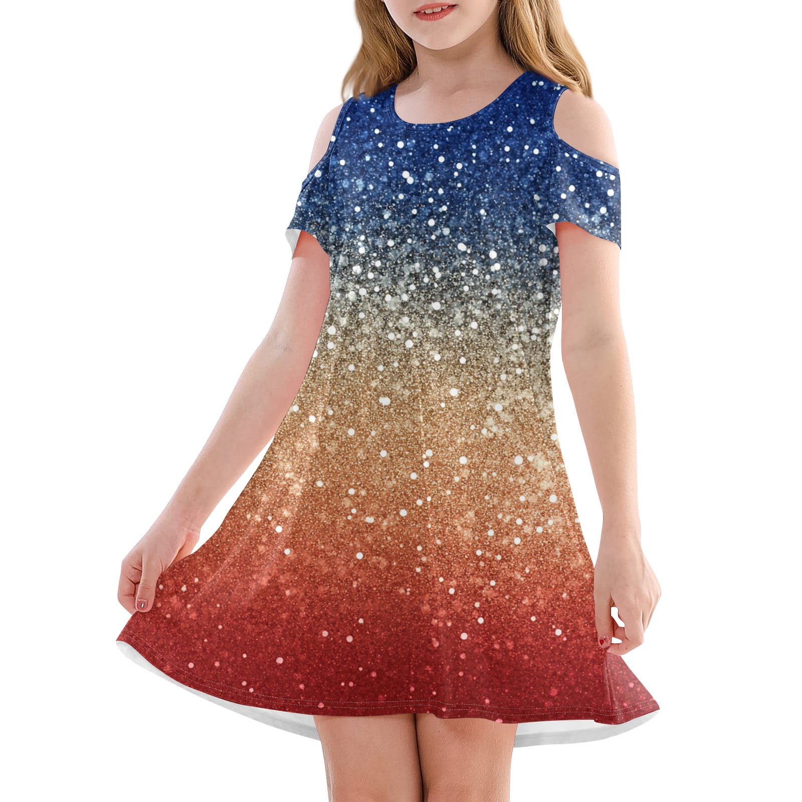 XADYUY Girls 4th Of July Dress Short Sleeve Glitter Stars Printed