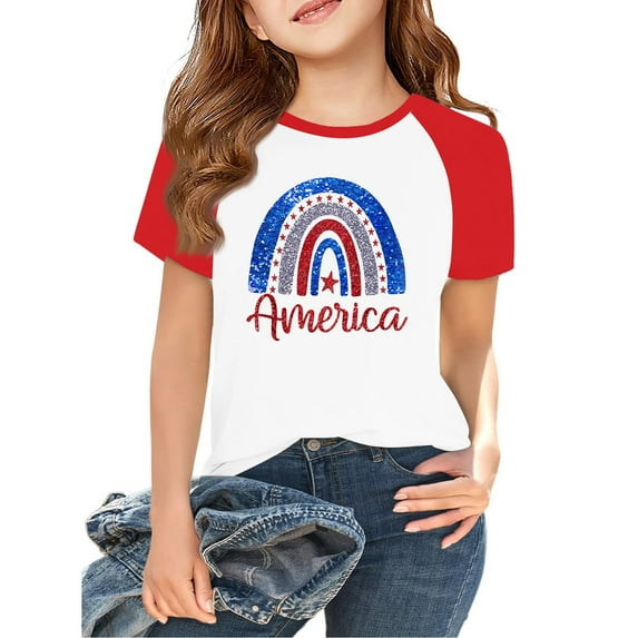 XADYUY Girls American Flag Rainbow Shirts Usa Flag Graphic Patriotic Shirts 4th Of July T Shirt Crew Neck Raglan Sleeve T-Shirt Trendy Independent Day Tees 9-10 Years,Red