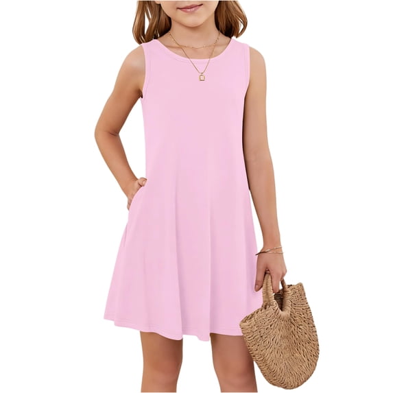 XADYUY Girls Beach Dress Casual A-Line Sleeveless Midi Dress Cute Basic Crew Neck Swing Sundresses with Pockets for 4-14t Kids,Pink,11-12Years