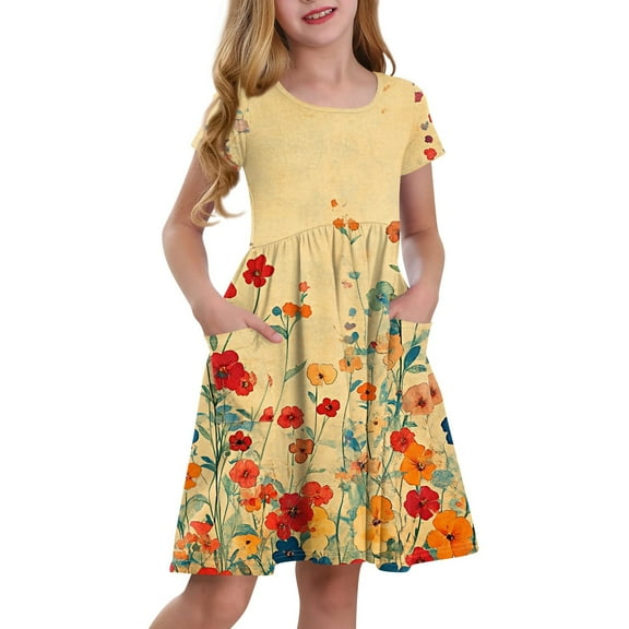XADYUY Girls Beach Dress Twirly A-Line Short Sleeve T-Shirt Dresses Floral Beach Crew Neck Swing Sundresses with Pockets for 4-14t Kids,Yellow 7-8 Years