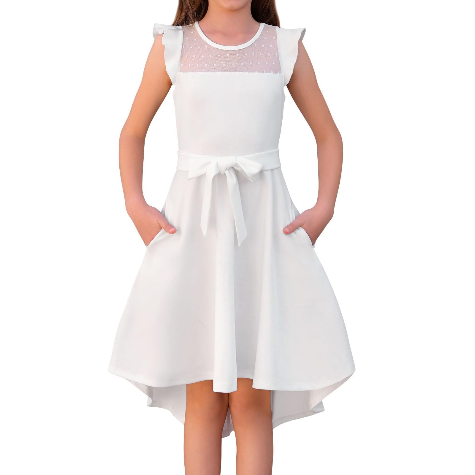 XADYUY Girls Casual Dresses Size 14-16 Ruffle Sleeve Mesh A-Line High Low  Dresses for Girls Formal Party Wedding Dress with Pockets Cute Belted  Summer Graduation Dress for Girls 10/12,White - Walmart.com