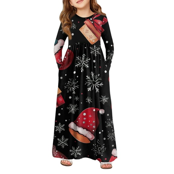 XADYUY Girls Christmas Dresses 7-8 Cute A-Line Long Sleeve Maxi Dress for Girls Funny Snowflake Santa Hat Dress Outfits Crewneck Holiday Flowy Dresses for Girls,9-10 Years