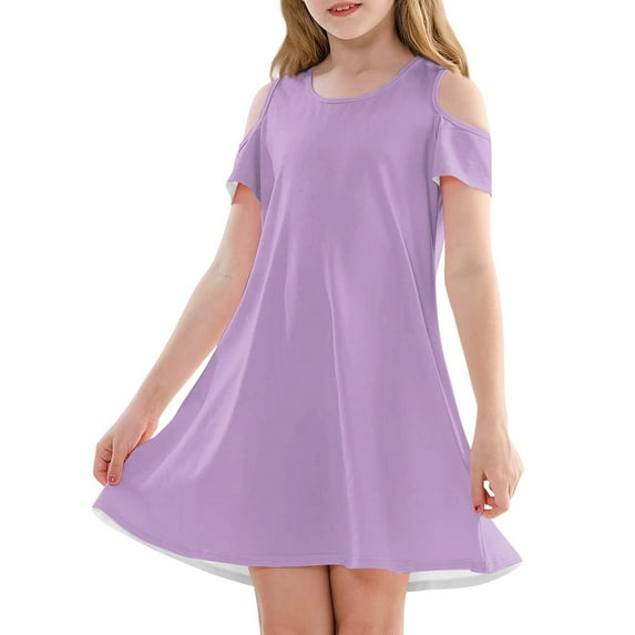 XADYUY Girls Dress Casual A-Line Sleeveless T-Shirt Dress for School Solid Color Basic Crew Neck Swing Tshirt Dress Girls,Light Purple 9-10 Years