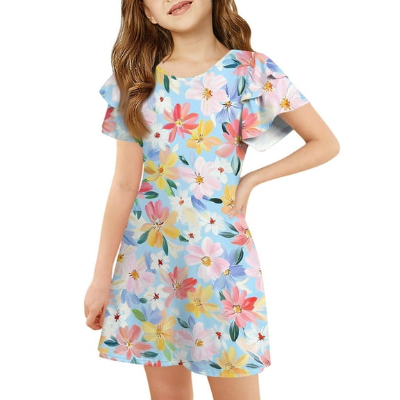 XADYUY Girls Dress Ruffle Sleeve Casual A-Line Ruffle Sleeve Tshirt Dresses Floral Print Holiday Crew Neck Swing Sundresses 7-8 Years,Light Blue