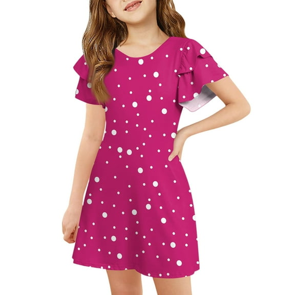 XADYUY Girls Dress Ruffle Sleeve Casual A-Line Ruffle Sleeve Tshirt Dresses Polka Dot Loose Crew Neck Swing Sundresses 7-8 Years,Hot Pink
