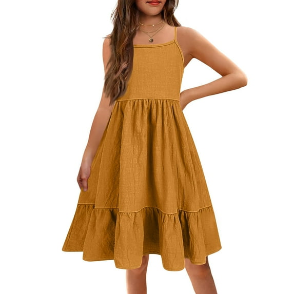 XADYUY Girls Dresses Casual A-Line Spaghetti Strap Cami Dresses Cute Solid Color Swing Loose Sundresses for Girls,6-7 Years Ginger