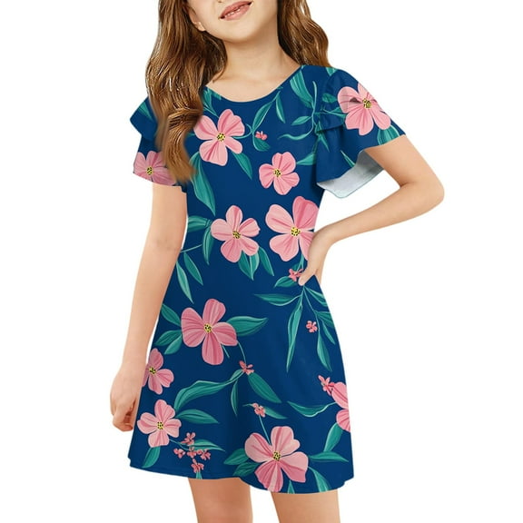 XADYUY Girls Dresses Size 10-12 Casual A-Line Ruffle Sleeve Midi Dress Floral Print Holiday Crew Neck Swing Sundresses 7-8 Years,Blue