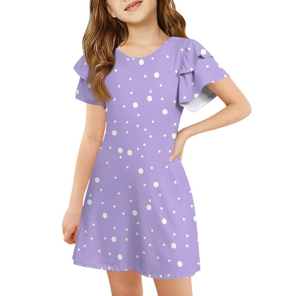 XADYUY Girls Dresses Size 10-12 Casual A-Line Ruffle Sleeve Midi Dress Polka Dot Crew Neck Swing Flare Sundresses 7-8 Years,Light Purple