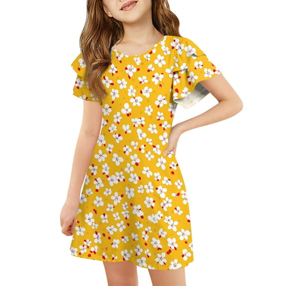 XADYUY Girls Dresses Size 10-12 Casual A-Line Ruffle Sleeve Midi Dress Polka Dot Crew Neck Swing Loose Sundresses 7-8 Years,Yellow