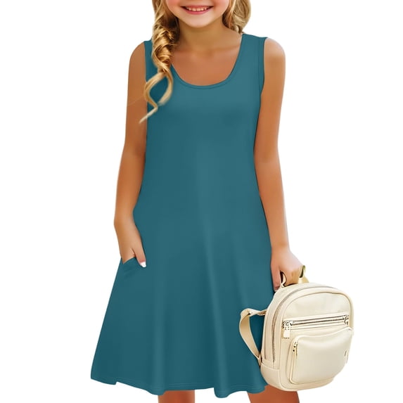 XADYUY Girls Dresses Size 10-12 Casual A-Line Solid Color Sleeveless Tank Dresses Cute Pleated Crew Neck Swing Sundresses with Pockets for 4-14t Kids,Green 10-12 Years