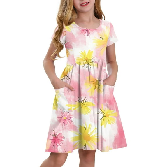 XADYUY Girls Dresses Size 10-12 Twirly A-Line Short Sleeve T-Shirt Dresses Daisy Floral Casual Crew Neck Swing Skirt with Pockets for 4-14t Kids,Pink 7-8 Years