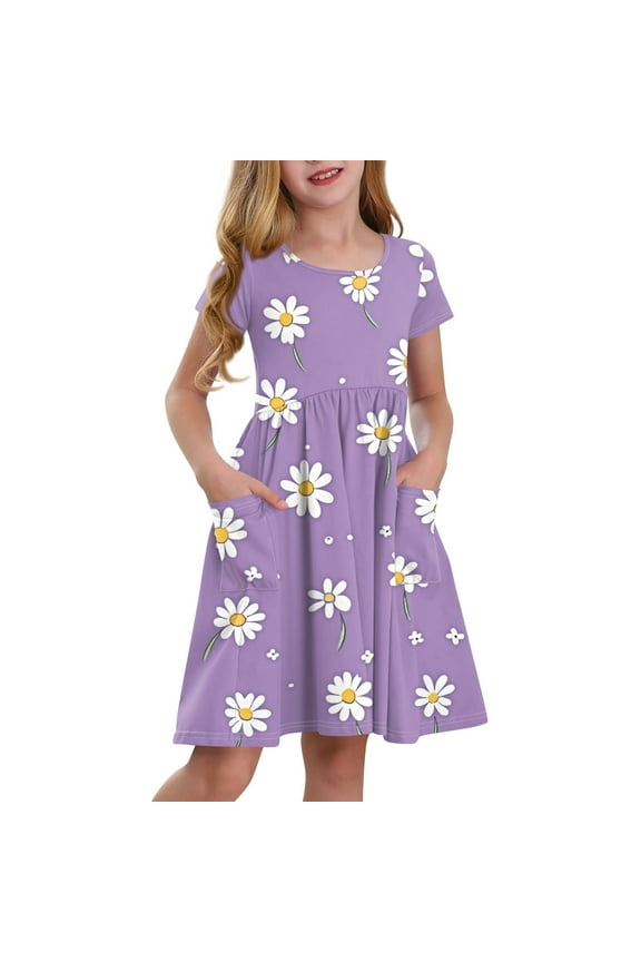 Girls Dresses Size 10-12 Twirly A-Line Short Sleeve T-Shirt Dresses Daisy Floral Pleated Crew Neck Swing Sundresses with Pockets for 4-14t Kids,Purple 9-10 Years