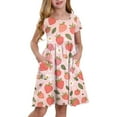 thumbnail image 1 of XADYUY Girls Dresses Twirly A-Line Short Sleeve Midi Dress Strawberry Pleated Crew Neck Swing Sundresses with Pockets for 4-14t Kids,Pink 10-11 Years, 1 of 9