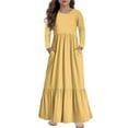 thumbnail image 1 of XADYUY Girls Fall Dresses 10-12 Casual A-Line Long Sleeve Girls Long Dresses Solid Color Sundresses Crew Neck Tiered Dresses with Pockets,Yellow, 1 of 5