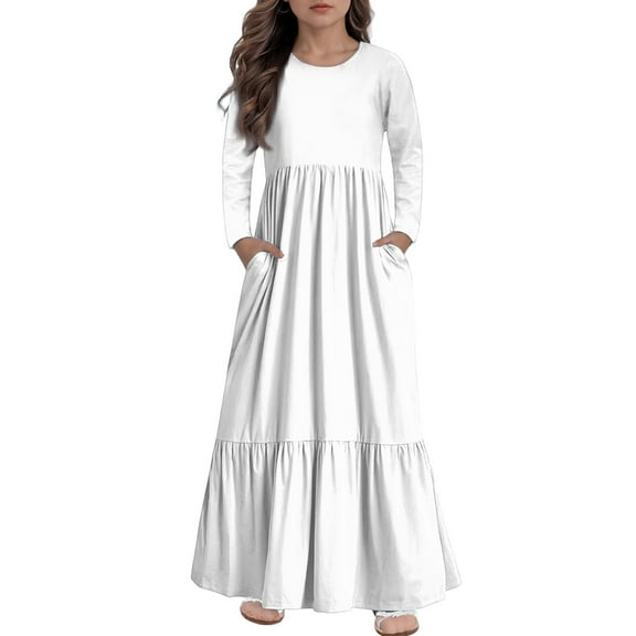 XADYUY Girls Fall Dresses 10-12 Casual A-Line Long Sleeve Maxi Dress Solid Color Sundresses Holiday Crew Neck Tiered Dresses with Pockets,White