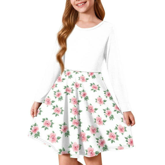 XADYUY Girls Fall Dresses Kids Casual A-Line Long Sleeve Girls Midi Dresses Floral Print Crew Neck Dresses Basic Twirly Skater Dresses 9-10 Years,Light pink