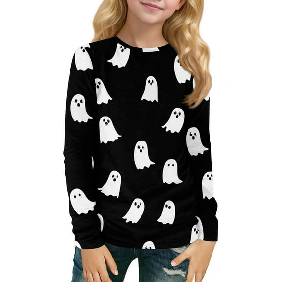 XADYUY Girls Halloween T-Shirt Spooky Boo Ghost Graphic Tshirts for Girls Crewneck Long Sleeve T-Shirts for Kid Girls Fall Funny Holiday Top for Girls,4-5 Years