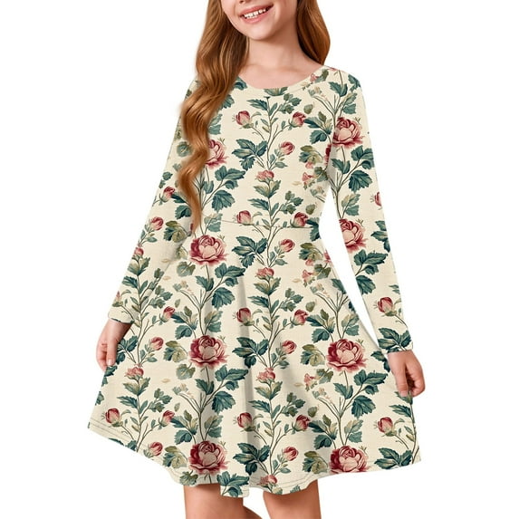 XADYUY Girls Long Sleeve Dresses 7-16 A-Line Long Sleeve Girls Midi Dresses Vintage Floral Print Crew Neck Dresses Flowy Twirly Skater Dresses 3-4 Years,Khaki