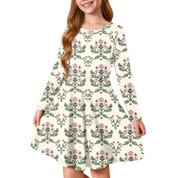 XADYUY Girls Long Sleeve Dresses 7-16 A-Line Long Sleeve Girls Midi Dresses Vintage Floral Print Crew Neck Dresses Summer Twirly Skater Dresses 9-10 Years,Mint Green