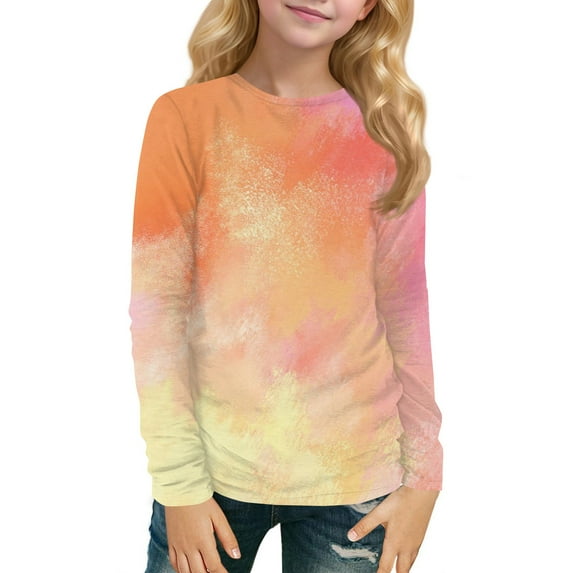 XADYUY Girls Long Sleeve Shirts 10-12 Casual Tie Dye Crewneck T Shirts for Girls Winter Basic Girls Tops Cotton Blouses for Girls 9-10 Years,Orange