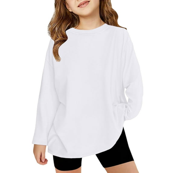 XADYUY Girls Long Sleeve Shirts 10-12 Crewneck Winter T-Shirts for Kids Girls Trendy Basic Girls Tops Trendy Oversized Girls Blouses,1-2 Years White