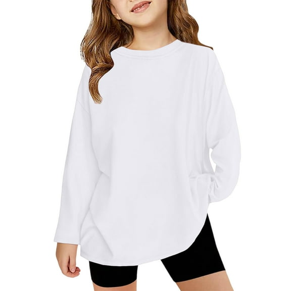 XADYUY Girls Long Sleeve Shirts 10-12 Trendy Oversized Crewneck T-Shirts for Kids Girls Fall Basic Girls Tops Loose Girls Tunic Tops,4-5 Years White
