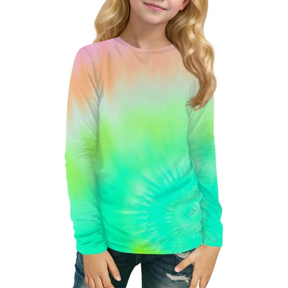 XADYUY Girls Long Sleeve Shirts 7-8 Crewneck Winter T-Shirts for Kids Girls Trendy Basic Top for Girls Trendy Tie Dye Girls Sweatshirts 7-8 Years,Green