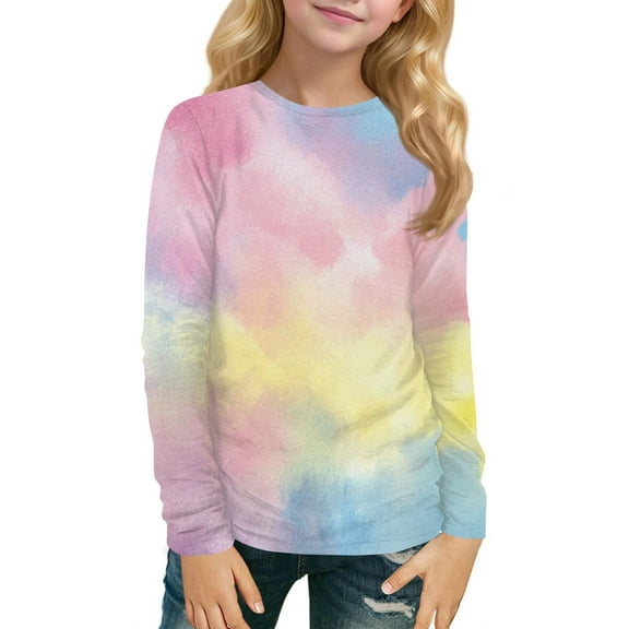 XADYUY Girls Long Sleeve Shirts Size 6 Casual Tie Dye Crewneck Shirts for Girls Winter Basic Top for Girls Cotton Girls Sweatshirts 5-6 Years,Yellow