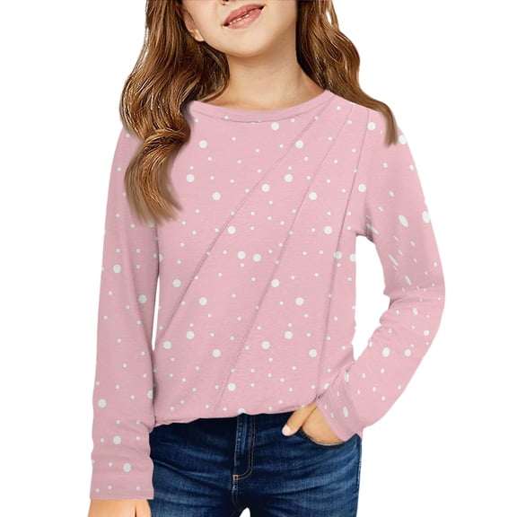 XADYUY Girls Long Sleeve Shirts Size 6 Pleated Polka Dot Crewneck T Shirts for Girls Fall Basic Top for Girls Cute Girls Sweatshirts,5-6 Years
