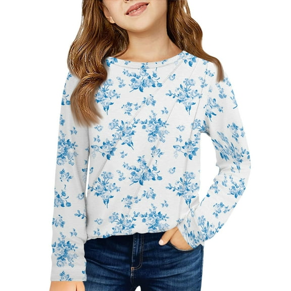 XADYUY Girls Long Sleeve T Shirts 10-12 Pleated Floral Print Crewneck Tshirts for Girls Winter Basic Girls Tops Cute Girls Blouses,9-10 Years
