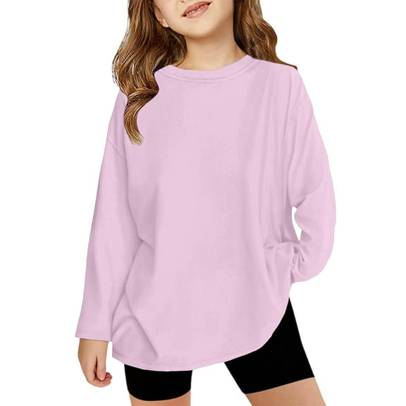 XADYUY Girls Long Sleeve T Shirts Size 6-7 Casual Oversized Crewneck Shirts for Kids Girls Fall Basic Girls Tops Trendy Girls Sweatshirts,5-6 Years Pink