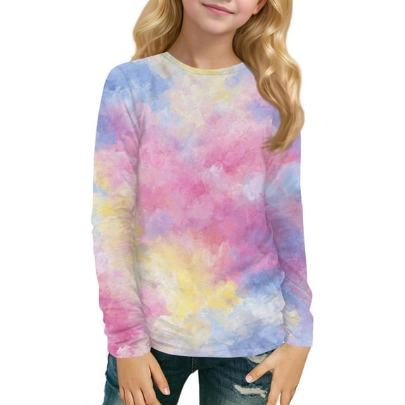 XADYUY Girls Long Sleeve T Shirts Size 7-8 Casual Tie Dye Crewneck Tshirts for Girls Winter Basic Girls Tops Trendy Girls Tunic Tops 11-12 Years,Multicolor
