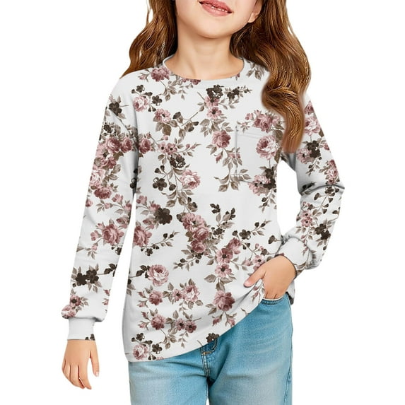 XADYUY Girls Long Sleeve T Shirts Size 7-8 Crewneck Fall T-Shirts for Girls Trendy Basic Girls Tops Cute Vintage Floral Print Girls Sweatshirts with Pocket,1-2 Years