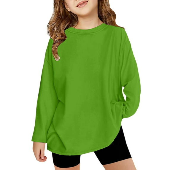 XADYUY Girls Long Sleeve Tops 7-16 Casual Oversized Crewneck Tshirts for Girls Winter Basic Top for Girls Cotton Girls Blouses,3-4 Years Light Green