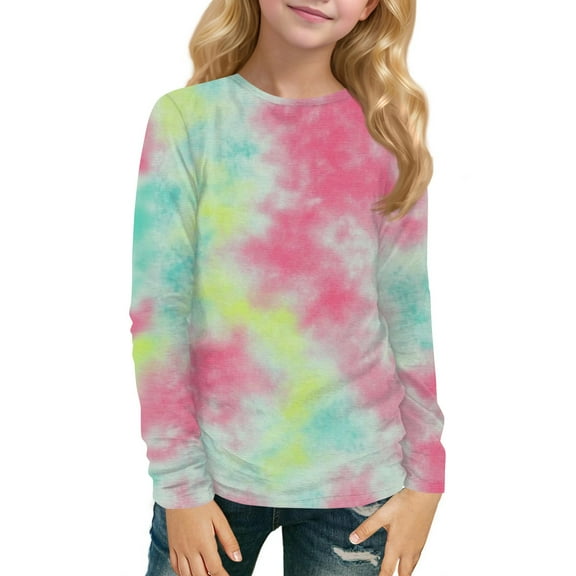 XADYUY Girls Long Sleeve Tops 7-16 Crewneck Fall T Shirts for Girls Trendy Basic Girls Tops Loose Tie Dye Girls Sweatshirts 11-12 Years,Purple Pink