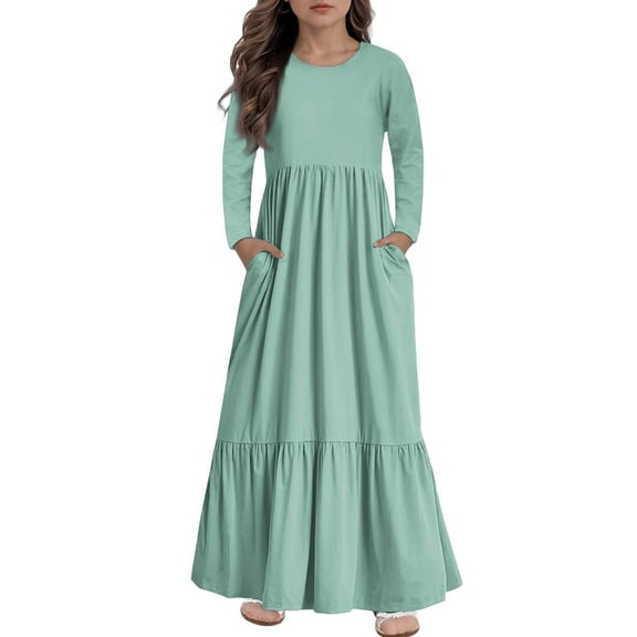 XADYUY Girls Maxi Dresses 10-12 Casual A-Line Long Sleeve Maxi Dress Solid Color Crew Neck Sundresses Tiered Dresses with Pockets,Mint Green