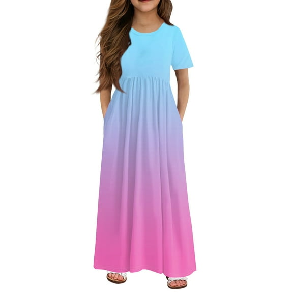 XADYUY Girls Maxi Dresses 7-16 Gradient Short Sleeve Maxi Dress Cute Crew Neck Sundresses Flare Swing Dresses with Pocketss 13-14 Years,Blue