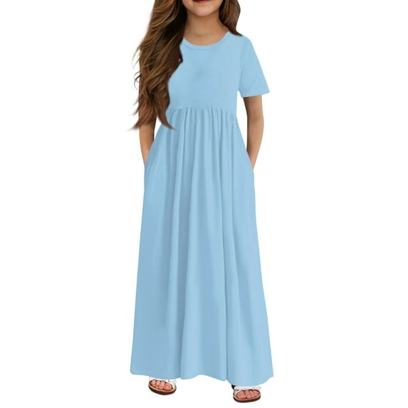 XADYUY Girls Maxi Dresses 7-16 Solid Color Short Sleeve Maxi Dress Cute Crew Neck Sundresses Holiday Swing Dresses with Pocketss 9-10 Years,Light Blue