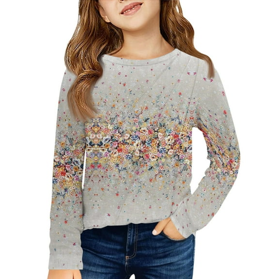 XADYUY Girls Shirts Long Sleeve 10-12 Crewneck Winter Tee for Girls Pleated Basic Top for Girls Cute Vintage Floral Print Girls Tunic Tops,13-14 Years